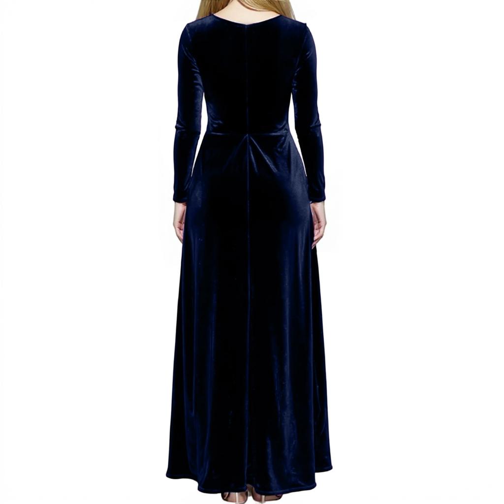 Women's Fashion Casual Flared Elegant Velvet Dress With Round Neck, Pockets, Long Sleeves, Solid Color
