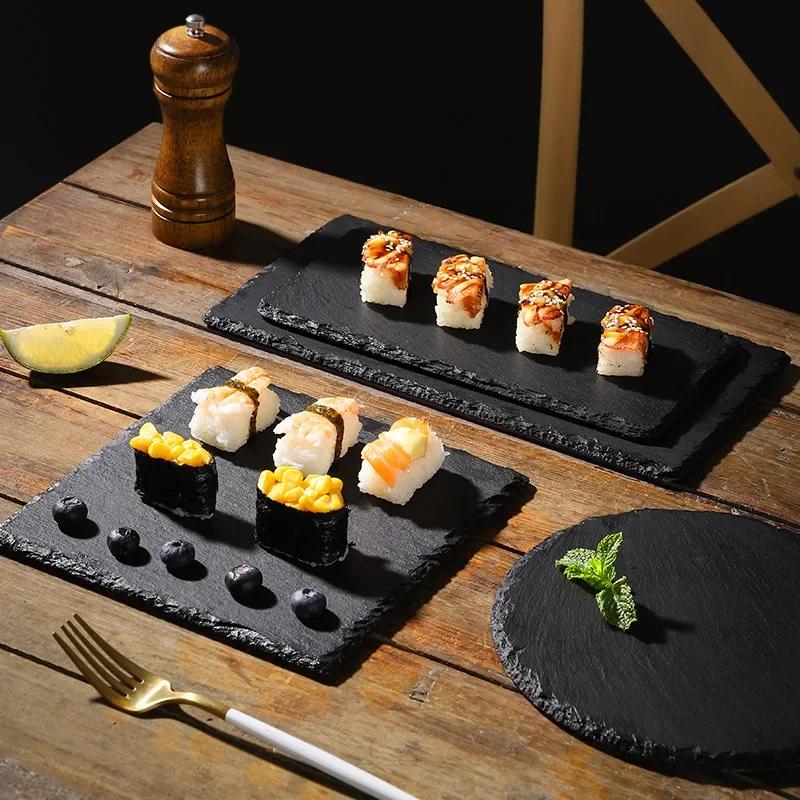 Neue schwarze Schiefer-Speiseplatte, kreative japanische Sushi-Steinplatte, Geschirrtablett, Western-Steak-Steinplatte, Steakplatte