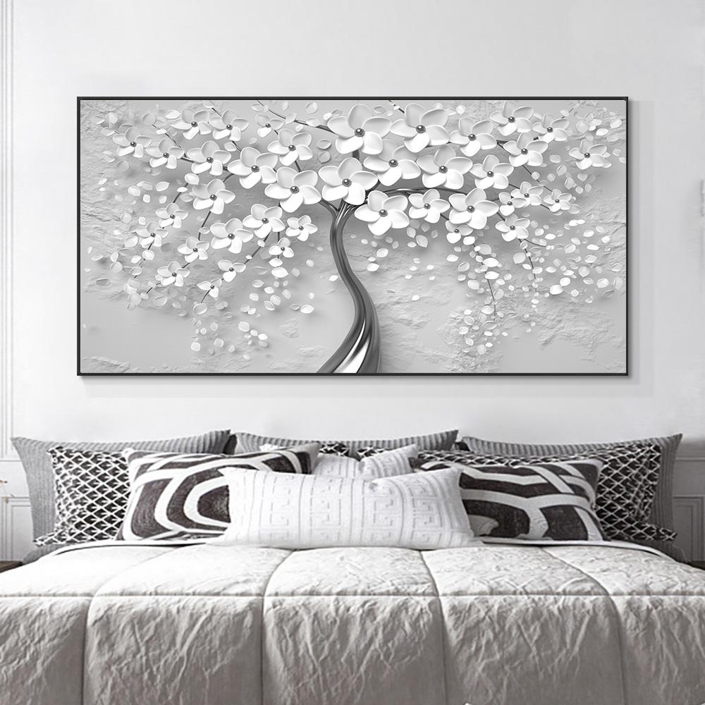 Abstrakcyjne 3D białe kwiaty płótno malarstwo nowoczesne skandynawskie rośliny plakaty i druki obraz ścienny do salonu Home Decor