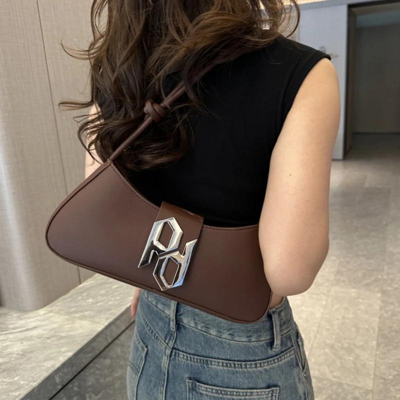 Women's Monochromatic Armpit Bags Soft Leather Bags Casual Shoulder Bags Half-moon Retro Crossbody Bags New