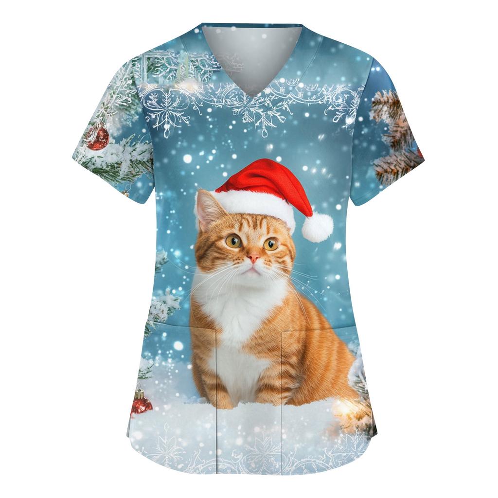 Women's Fashionable V-neck Workwear Christmas Printed Short Sleeved Pocket Side Slit Workwear Basic Pullover Top