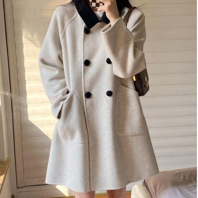Womens Wool Blend Long Coat Winter Thick Warm Loose Fit Polo Collar Double Breasted Gray