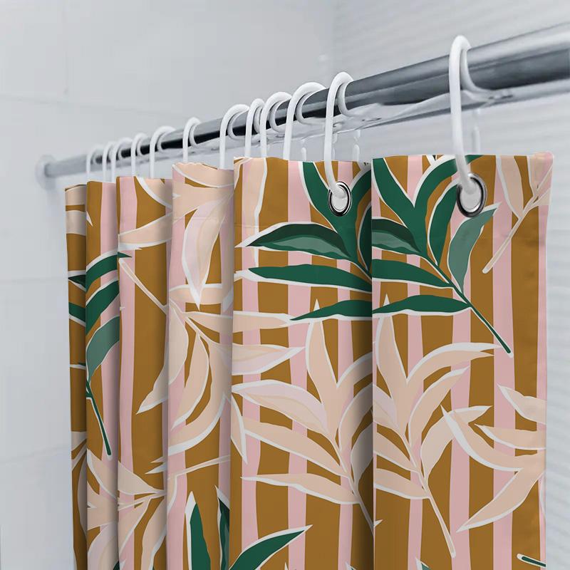 Luxusdruck Duschvorhang Wasserdichter Stoff Heimdekoration Badezimmerdekorationen Modernes Design Blattmuster Wandbehang (Rosa