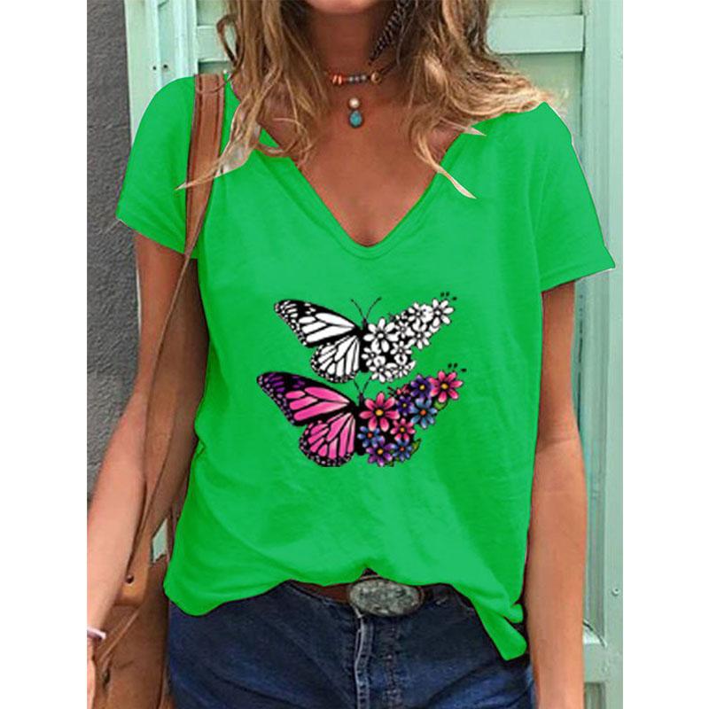 

Модные весенние блузки в стиле ретро с принтом бабочек, футболки с коротким рукавом и V-образным вырезом, повседневные 8XL зелёный