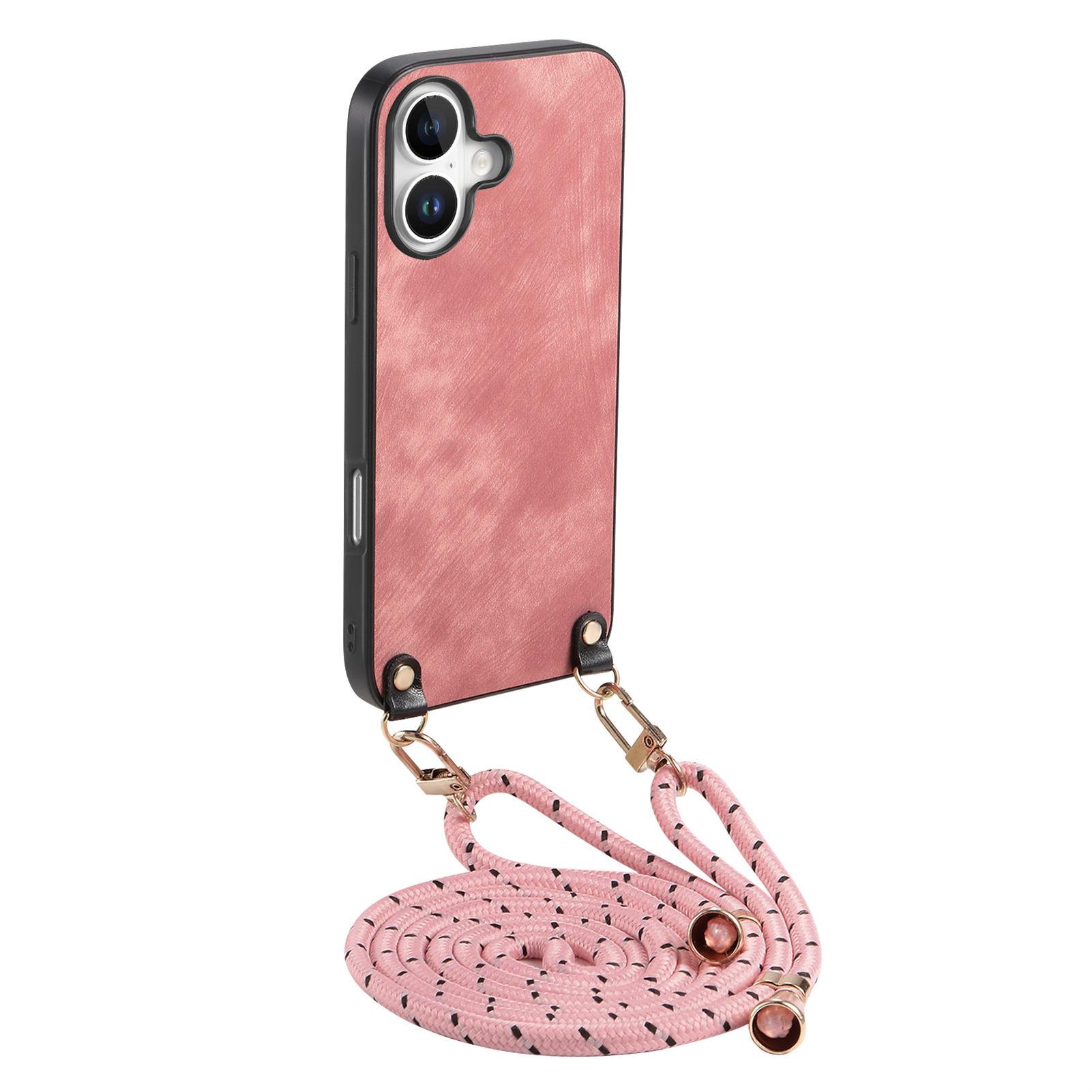 For iPhone 16 Case Retro Texture Leather Coated PC+TPU Phone Cover with Hanging Rope D