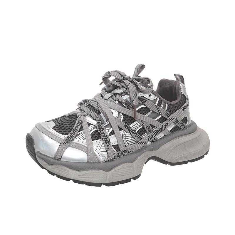 Thick-soled mesh lace-up dad shoes for women in the autumn of 2025, new fashionable and versatile casual and lightweight breathable little white shoes