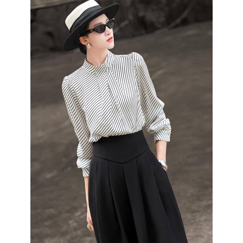 Elegant Striped Stand Collar Commuter Blouse M