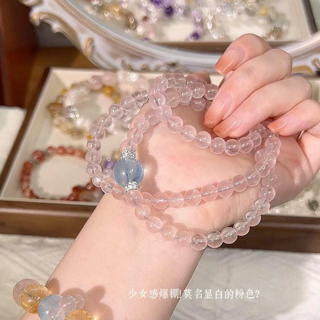 Natural Peach Blossom Pink Crystal Bracelet for Women, Original Hibiscus Stone Multi-loop Bracelet, Lucky Pink Crystal Bracelet, Birthday Gift Three-strand pink crystal