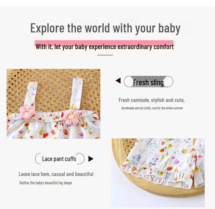 2026 New Korean Style Floral Princess Spaghetti Strap Two-Piece Summer Set for Girls
