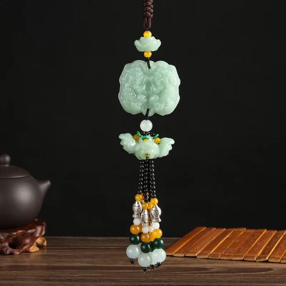 Green Jade Car Pendant: Pi Xiu and Lotus Ornament for Interior Peace