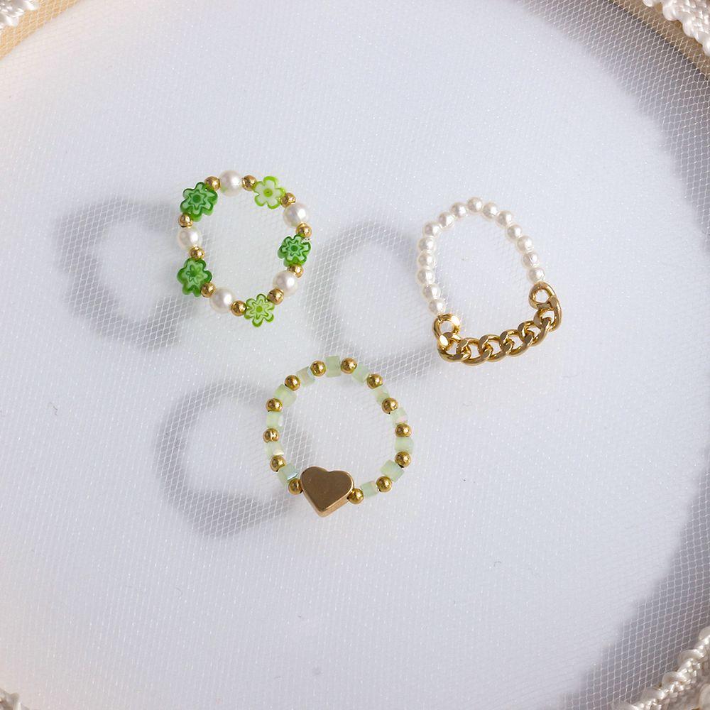 Trendy Love Heart Acrylic Bohemia Pearl Finger Ring Set Party Jewelry Beaded Rings Women Ring