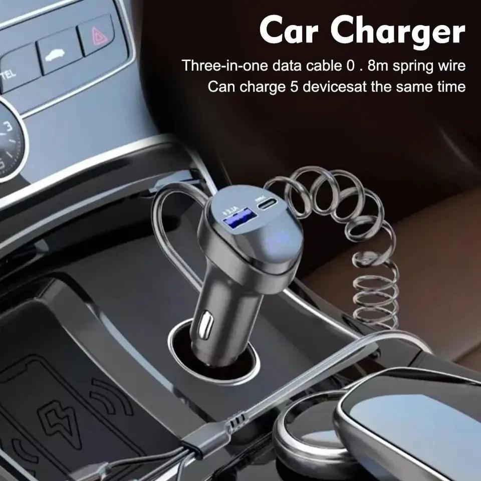 55W Car Phone Charger Car Fm Transmitter Quick Charging Adapter with 3 In 1 USB Retractable Charging Cable