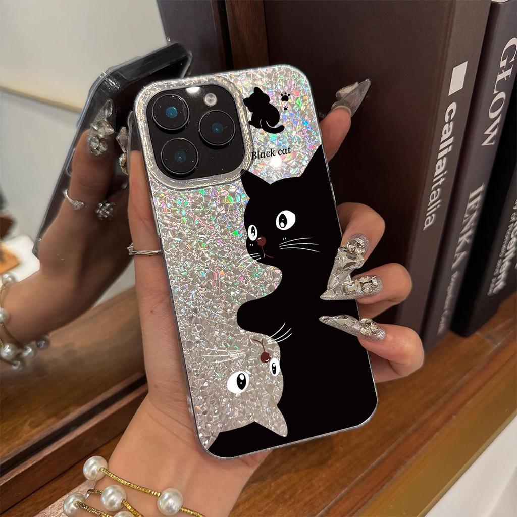 Case for iphone 14 12 XR Air 18 Pro Max XS Max 17 Pro 16 Plus 11 13 15 Black & White Cats Sparkle Crackle Foil Acrylic TPU Phone Case