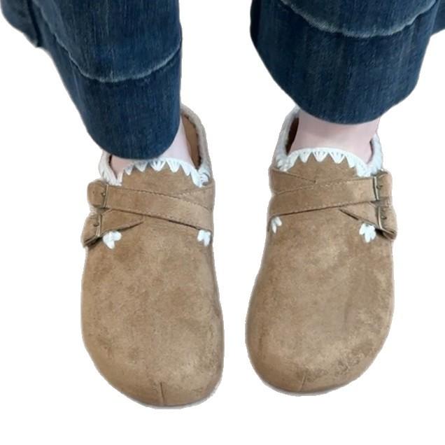 Retro and versatile girls' casual baotou drag autumn and winter Mori lotus leaf edge increases design sense Birkenbaotou drag tide