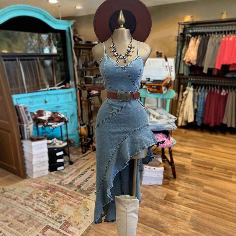 

European and American Women clothes Sling Demin dress Irregular Single-Side Slant Skirt Personalized Dress SEA BLUE 2XL