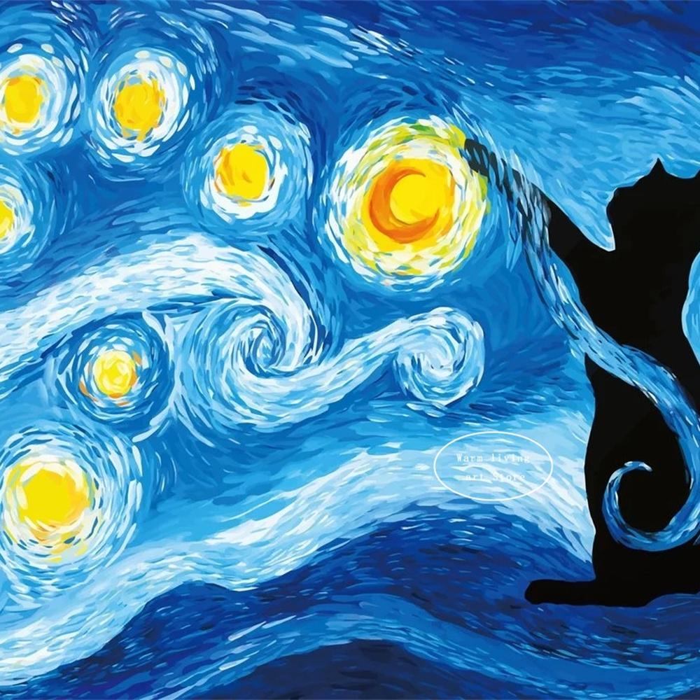 5D Diy Diamond Painting Cross Stitch Embroidery Mosaic Funny Black Cat Flower Van Gogh The Starry Night Full Round Drill Home Decor Wall Art Gift