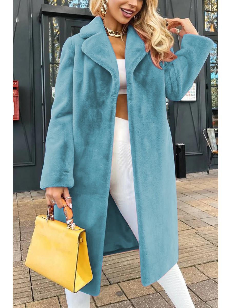 

2024 Осінньо-зимовий жіночий модний плюшевий подовжений пальто з лацканами та поясом L синій