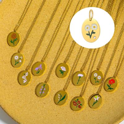 CARLIDANA Trendy Stainless Steel Gold Color Oval Vintage Twelve Month Flower Pendant DIY Jewelry Colorful Birth Flower Charm