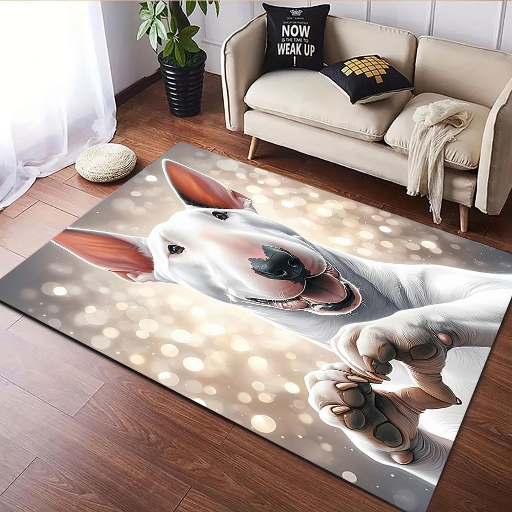 "Adorable Bull Terrier with Heart Gesture" Patterned carpet, suitable as a non slip play mat for the living room and bedroom sofa