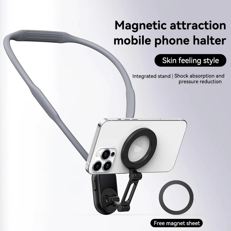 Přenosný držák na telefon na krk s magnetickým rychloupínacím držákem s více úhly, nastavitelný, vhodný pro chytré telefony s iOS a Androidem