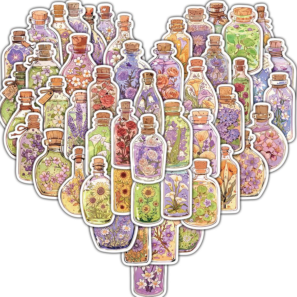 

50PCS Stickers Flower Glass bottle Print Creativity Laptop Aesthetic Supplies PVC Bicycle Notebook Motorcycle Wall Sticker Gift