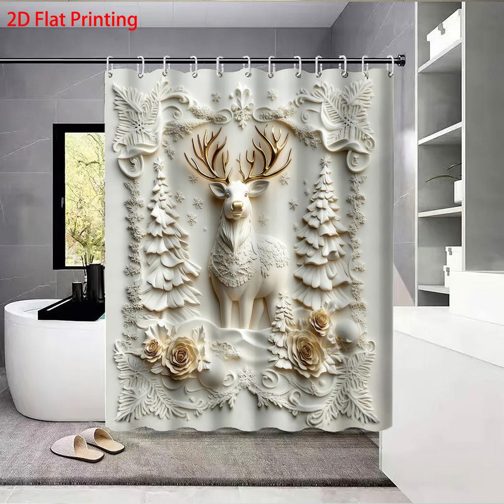 1PC Imitation Relief Christmas Reindeer Print Waterproof Shower Curtain Partition Privacy Hanging Curtain 12 Hooks Multiple Size