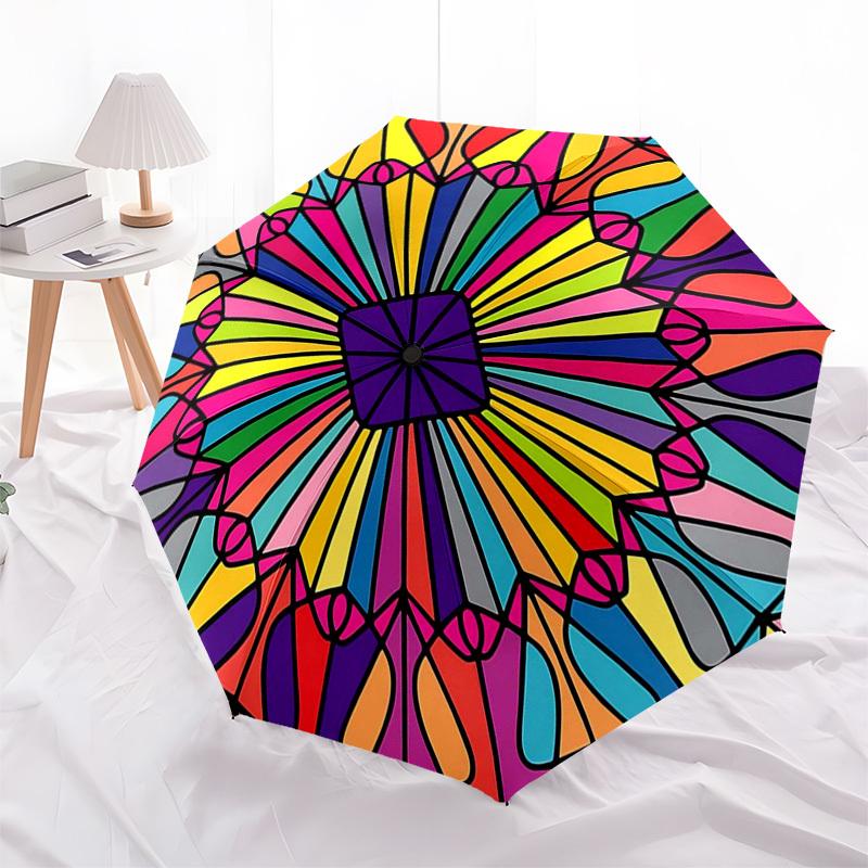 1 stuks Kleurrijke Mandala Automatische Vouwparaplu - Draagbaar 3-voudig Ontwerp, 8-Ribben IJzeren Frame Buitenparaplu, Perfect Festivalcadeau voor Fans, Reizigers