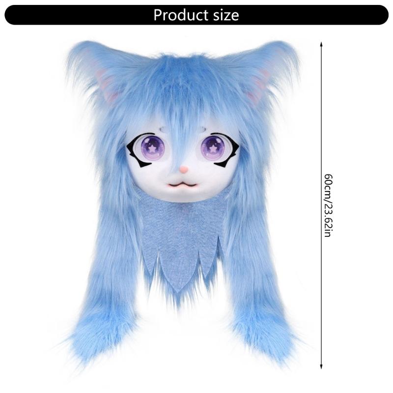 Felliger Tierkopf Katzen Fursuit Cut Maske Plüsch Katzenmaske Niedlicher Katzenkopfschmuck für Halloween Maskenbälle Cosplay Requisiten