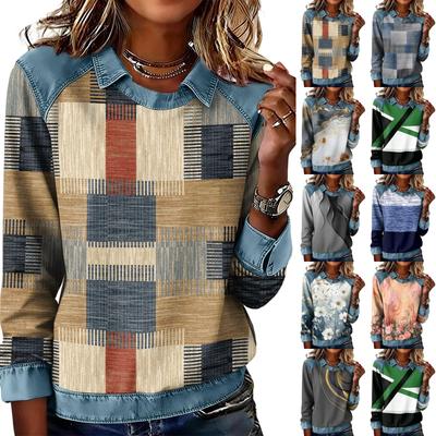 Sweatshirt Décontracté Patchwork en Jean à Manches Longues Évasées Imprimé pour Femme