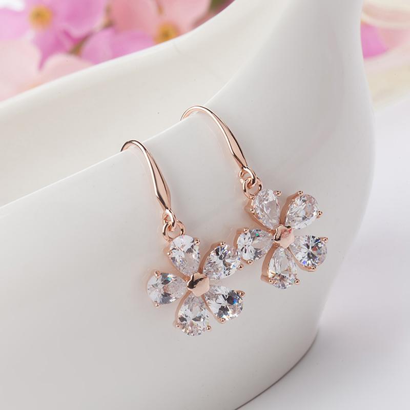 Fashion Crystal Stud Ear Beautiful Flower Brincos Rose Gold Drop Long Earrings Exquisite Sakura Bijoux Earring X1349