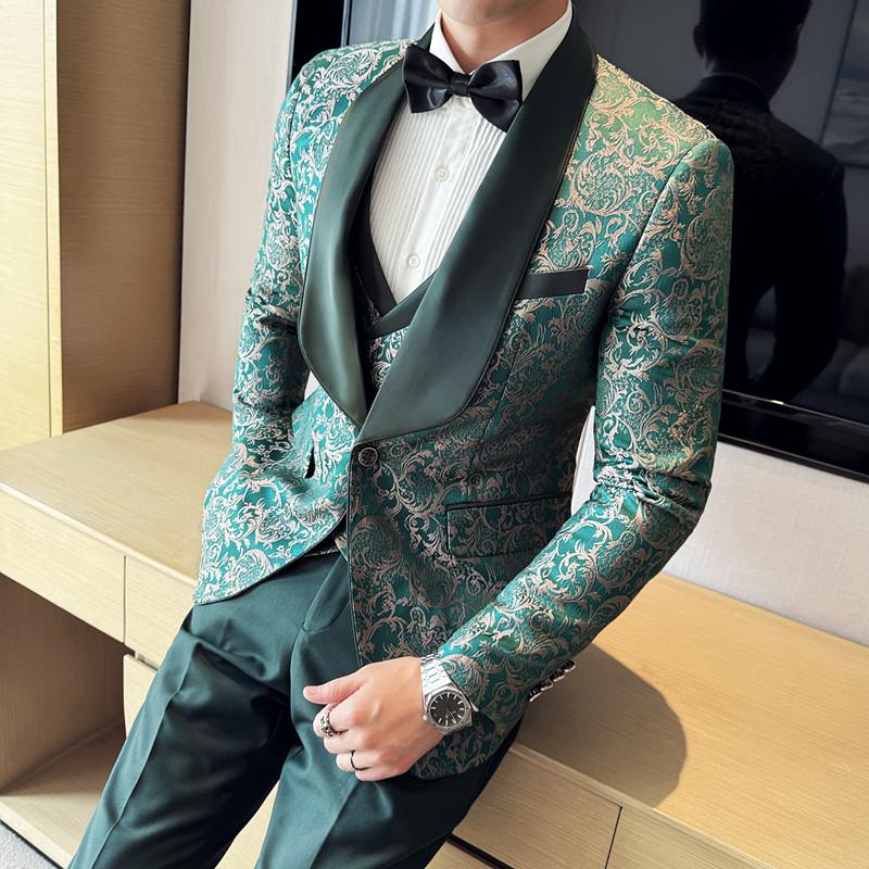 Spring Men's (suit + Vest + Trousers) British Style Business Casual Three-piece High-density Jacquard Wedding Dress