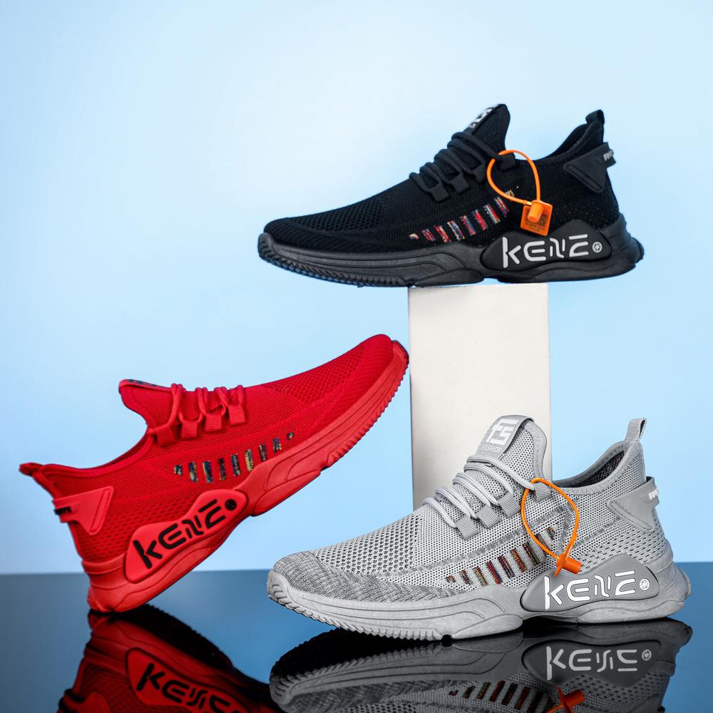 Spring New Men's Shoes for Foreign Trade Flying Knitted Sports Shoes Mesh Lace-up Running Shoes Korean Casual Men's Shoes