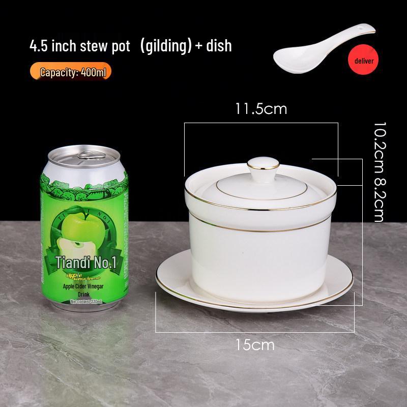 Pure White Ceramic Water-Bath Stew Pot with Gold Rim - Hotel & Commercial Grade, Ideal for Chinese Shaxian, Bird's Nest, and Steam Egg Dishes.