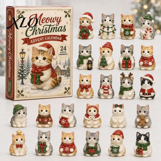 24 Day Christmas Countdown Cat Advent Calendar, with Cute Ornaments, Decorative Accents 2D Acrylic Kitty Holiday Decorations, Gift for Kids,