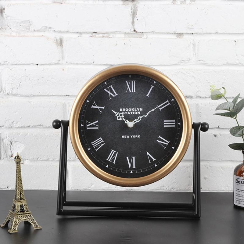 Silent Non-Ticking Vintage Table Clock, American Retro Desk Clock with Roman Numerals, Metal Frame for, Bedroom, Office Decro