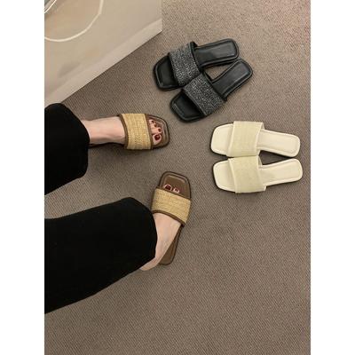 French Retro Flat-bottomed Woven One-word Slippers Women's Summer Outer Wear Holiday Wind Non-slip Simple Sandals Seaside Beach Shoes