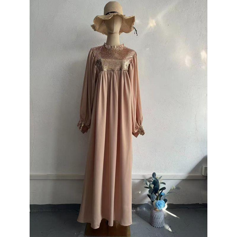 

New Arrival Middle East Turkey Sequin Half Turtleneck Dress Half High Neck Sequined Dress Champagne XL