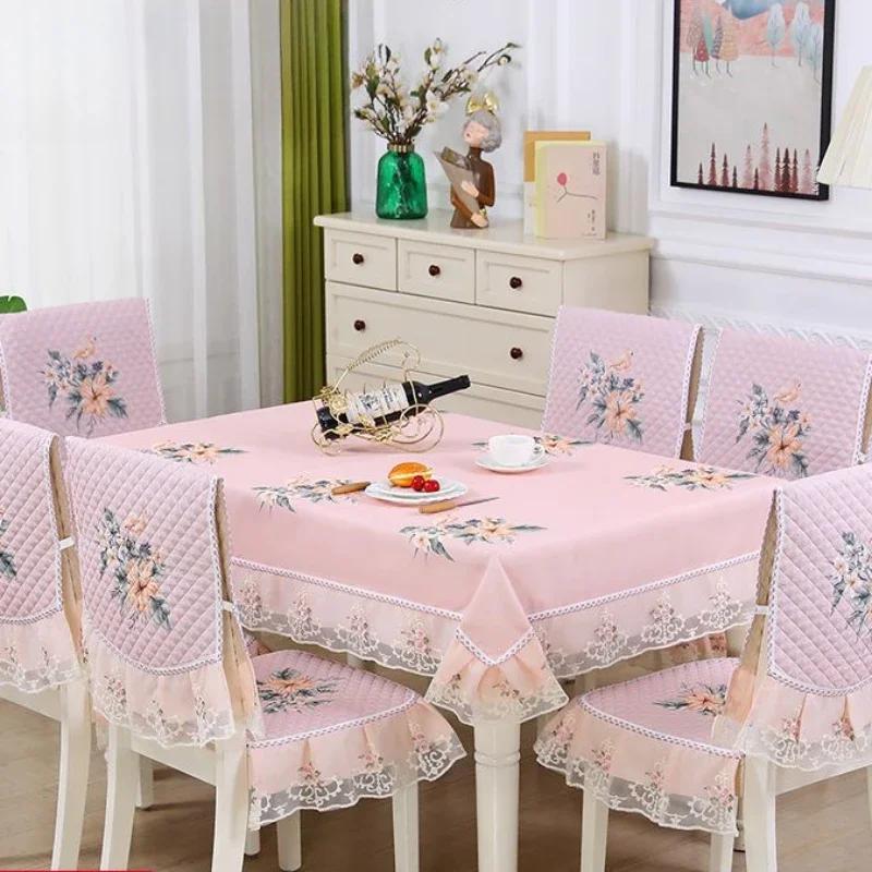 European Style Non Slip Dining Table Fabric Lace Edge Printed Chair Cover Four Seasons Universal Dining Chair Cushion Cover