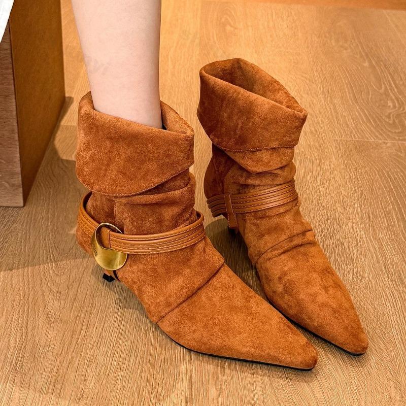 

Fashion Women s Ankle Boots 2025 Autumn Pointed Toe High Heels Shoes Woman Chelsea Boots Dress Pumps Suede Leather Mujer Zapatillas 40 коричневый