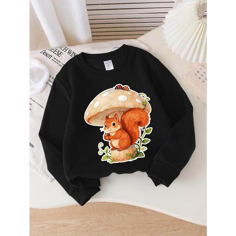 European sizes Girls' Soft Crewneck Sweatshirt Cute Squirrel Mushroom Ladybug Print, Casual All-Match, Ideal Holiday Present
