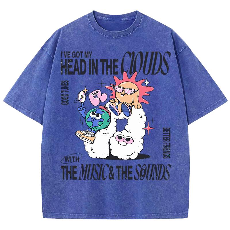 Cartoon Sun And Earth Printed Washed T-Shirt Men Breathable T Shirt Oversize Unisex Fashion Wash Shortwear Cotton Top