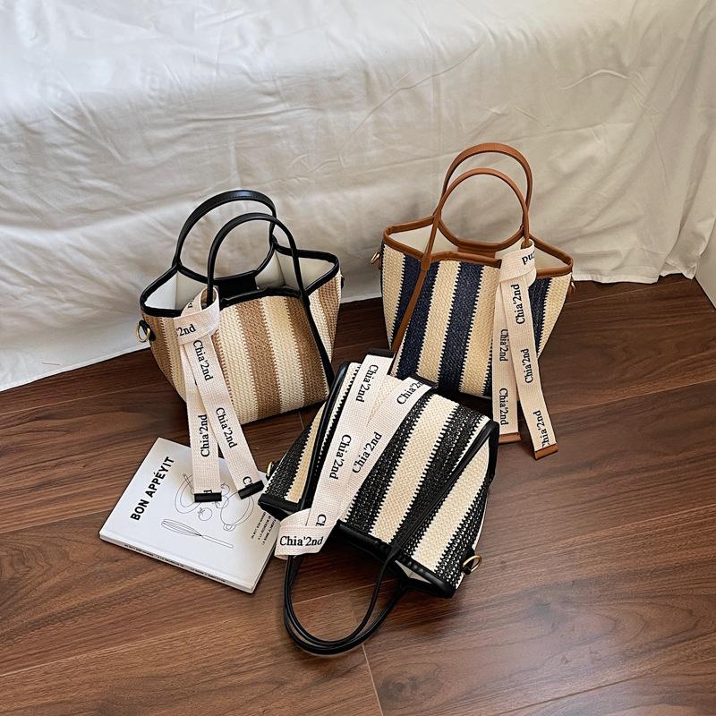 Factory Direct Portable Straw Bag Rectangle Shopping Bag Retro Striped Beach Vacation Bag Internet Celebrity Summer New