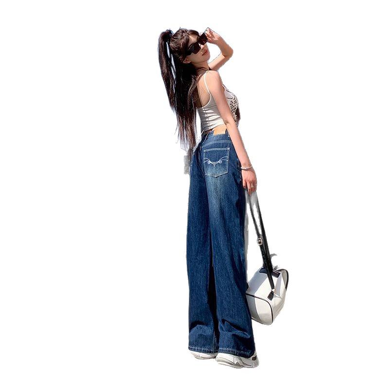 Women's Retro Dark Blue Embroidered Wide-Leg High-Waisted Jeans, 2025 Autumn Collection, Loose Slimming Floor-Length Trousers