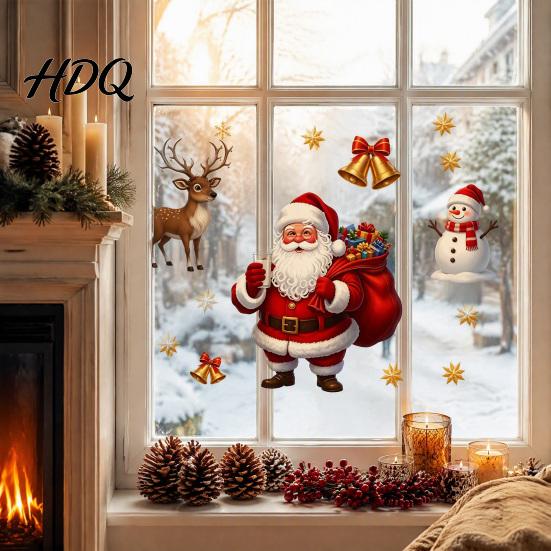 Christmas Window Clings Static Clings PVC Santa Claus Snowman And Elk Festival Glass Decals Waterproof Reusable Stickers for Store Bathroom Windows