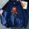 Doll-horror Men Hoodie Front Scary Doll with Knife Chest Print, Creepy Cartoon Character, Thick Fleece Pullover Sweatshirt for Urban Sport Trips