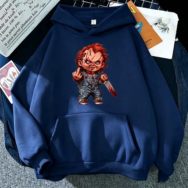 Doll-horror Men Hoodie Front Scary Doll with Knife Chest Print, Creepy Cartoon Character, Thick Fleece Pullover Sweatshirt for Urban Sport Trips