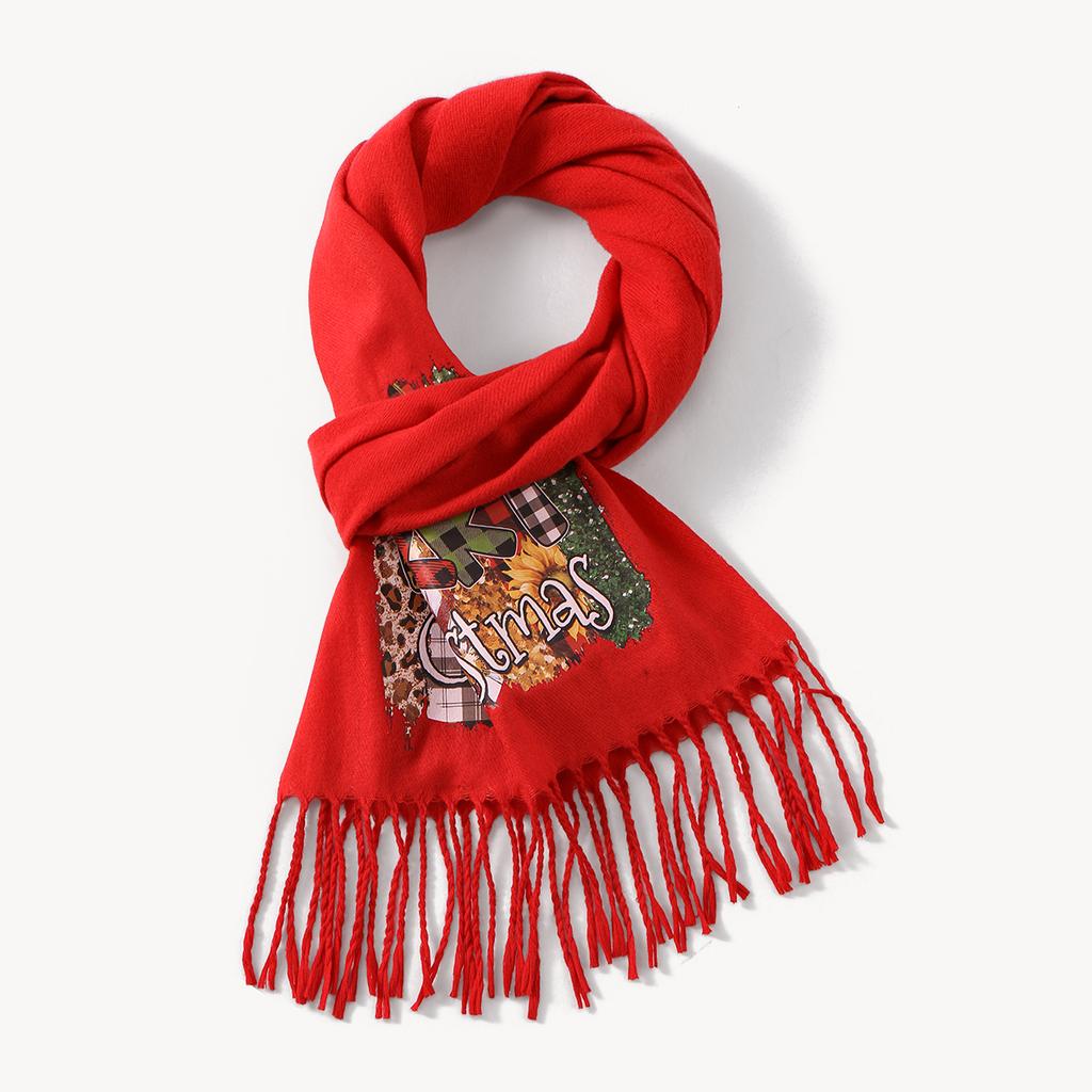 Winter Christmas Cute Elk Printed Shwal Cashmere Tassel Warm Scarf For Women Fashion Red Thick Blanket Pashmina Wrap 183*30Cm
