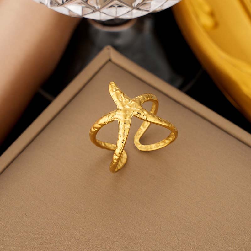 Stainless Steel Metal Shell Open Rings For Women Men Vintage Gold Color Starfish Adjustable Ring Beach Party Zircon Gift