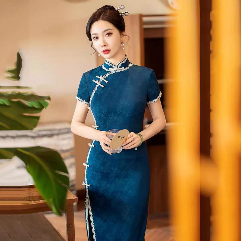Stile nazionale blu nuovo stile cinese lungo cheongsam migliorato da donna alta sensazione retrò sottile vestito da madre passerella primavera ed estate
