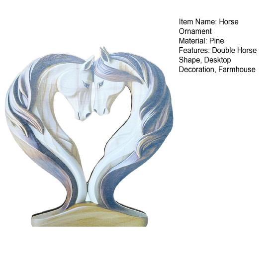 Wooden Horse Ornament Handcrafted Farmhouse Rustic Love Heart Double Horse Figurine Statue Sculpture Home Office Desktop Decoration Ornament